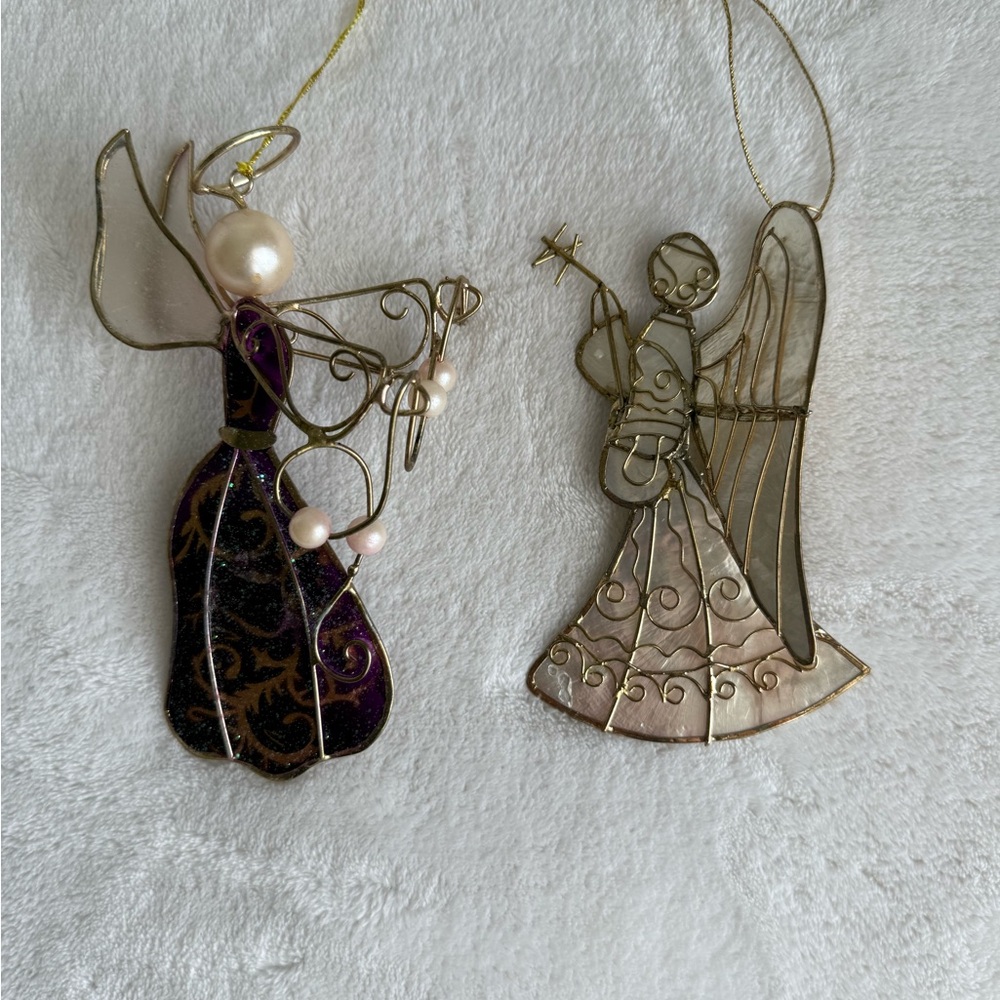 Vintage Handmade Capiz Shell Angel Christmas Ornaments‎ Set of 2 Purple White